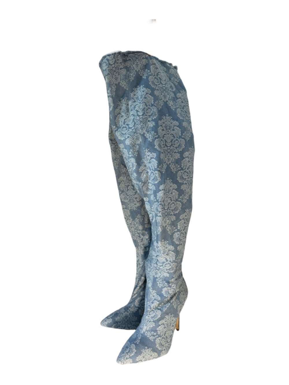 Blue Denim Lace Over-the-Knee Pointed Toe Boots